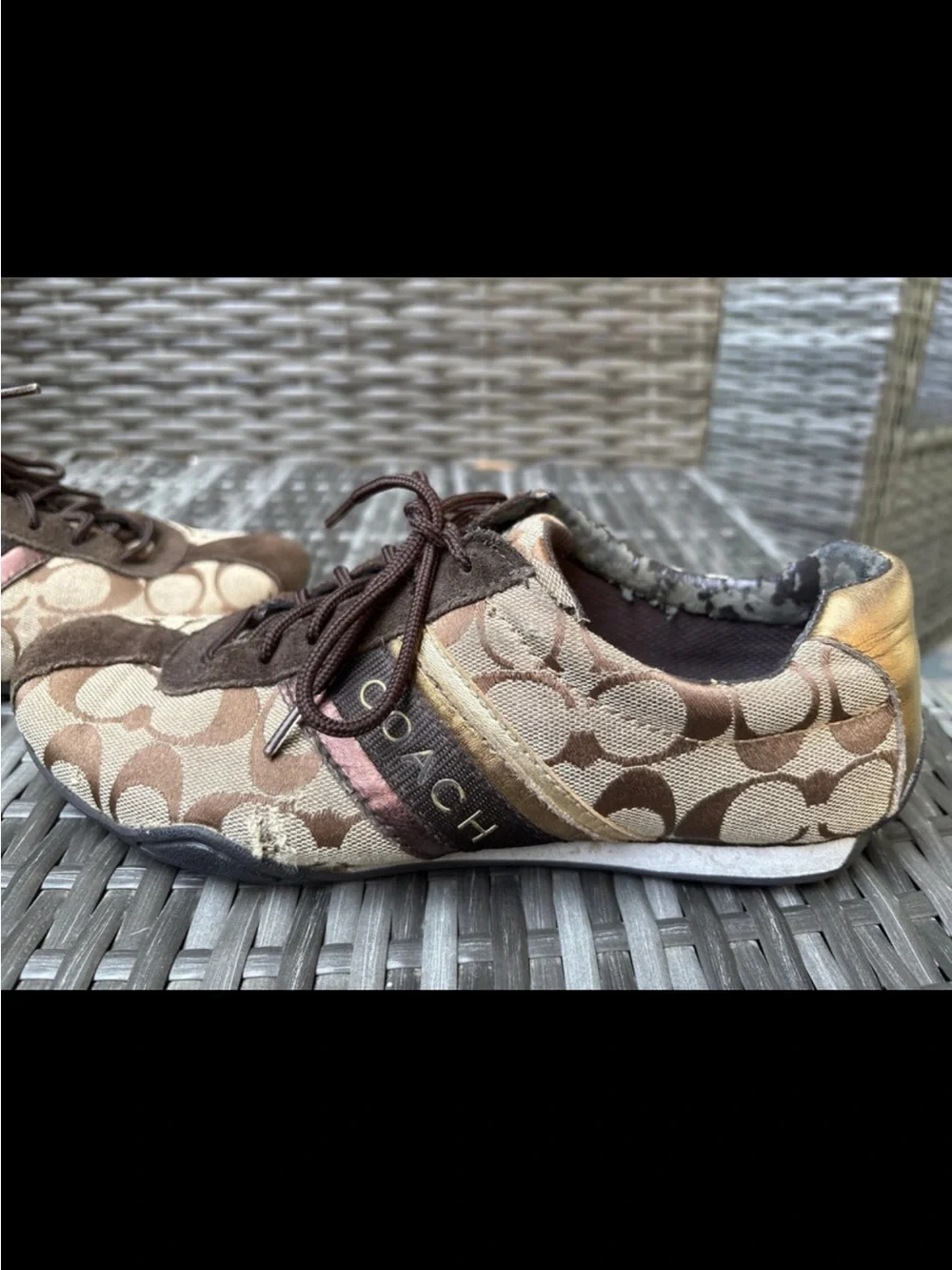 Coach Brown Signature Canvas Sneakers with Gold & Bronze Stripes - Women